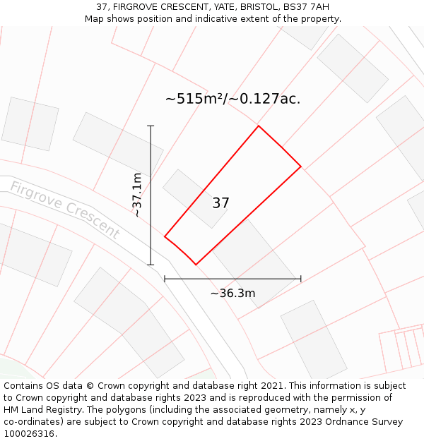 37, FIRGROVE CRESCENT, YATE, BRISTOL, BS37 7AH: Plot and title map