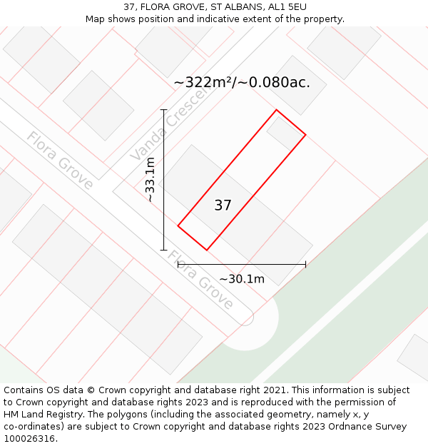 37, FLORA GROVE, ST ALBANS, AL1 5EU: Plot and title map