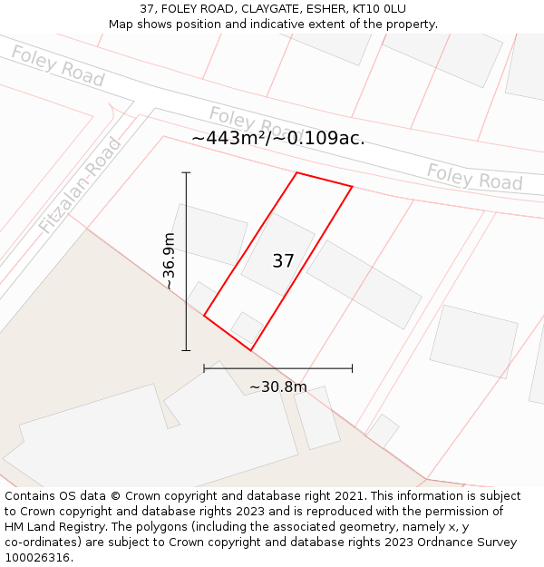 37, FOLEY ROAD, CLAYGATE, ESHER, KT10 0LU: Plot and title map