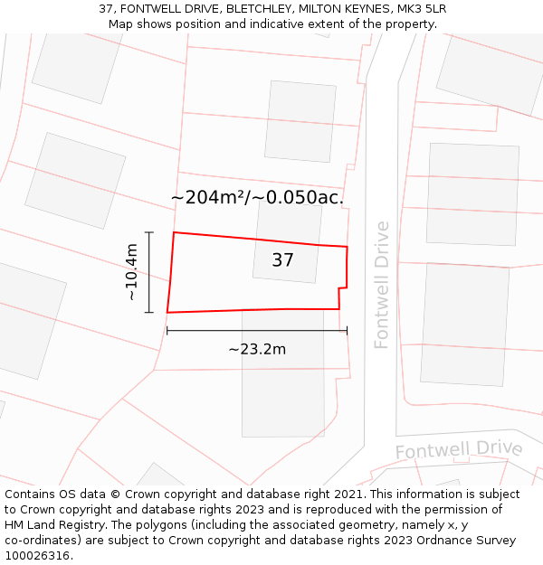 37, FONTWELL DRIVE, BLETCHLEY, MILTON KEYNES, MK3 5LR: Plot and title map