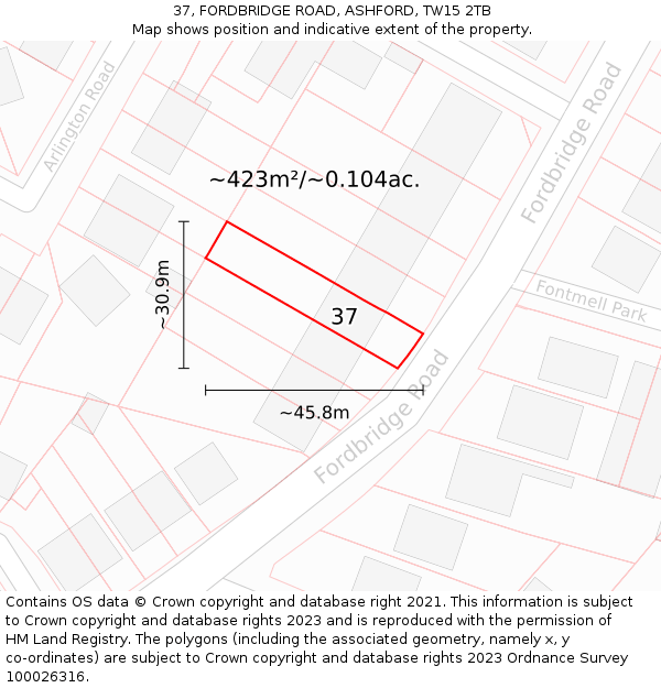 37, FORDBRIDGE ROAD, ASHFORD, TW15 2TB: Plot and title map