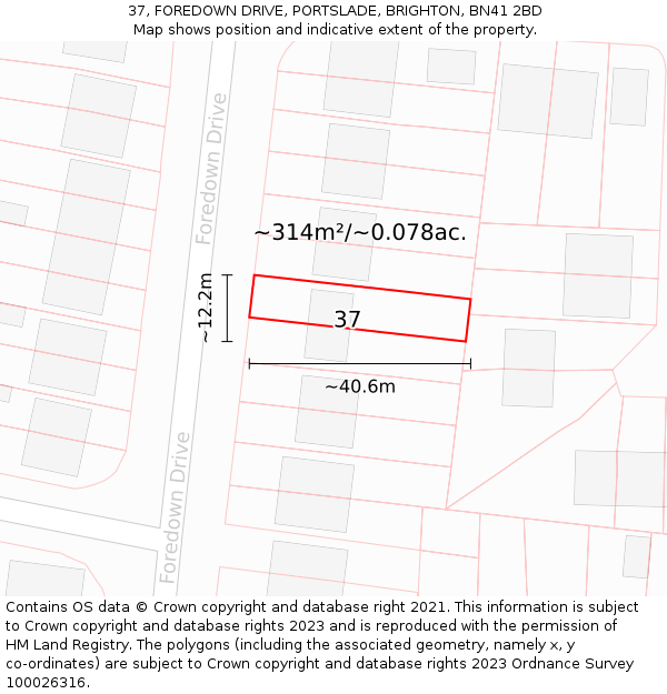 37, FOREDOWN DRIVE, PORTSLADE, BRIGHTON, BN41 2BD: Plot and title map