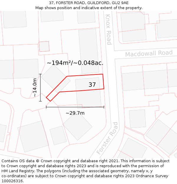 37, FORSTER ROAD, GUILDFORD, GU2 9AE: Plot and title map