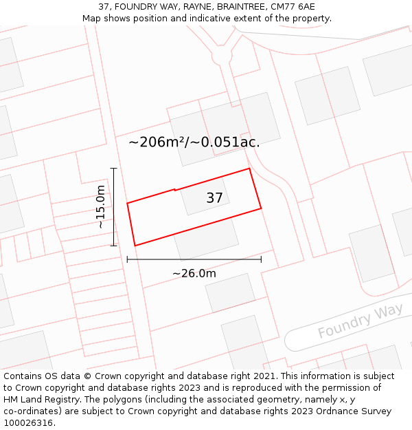 37, FOUNDRY WAY, RAYNE, BRAINTREE, CM77 6AE: Plot and title map