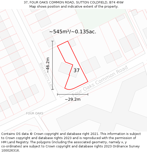 37, FOUR OAKS COMMON ROAD, SUTTON COLDFIELD, B74 4NW: Plot and title map