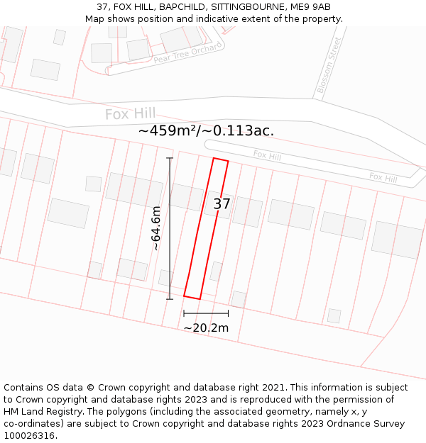 37, FOX HILL, BAPCHILD, SITTINGBOURNE, ME9 9AB: Plot and title map