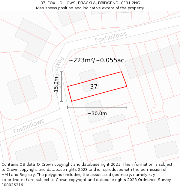 37, FOX HOLLOWS, BRACKLA, BRIDGEND, CF31 2NG: Plot and title map