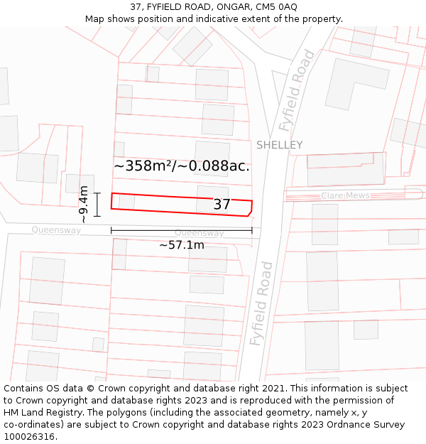 37, FYFIELD ROAD, ONGAR, CM5 0AQ: Plot and title map