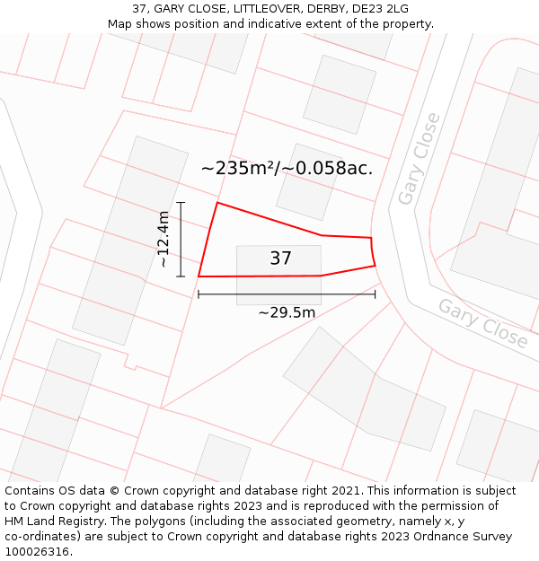 37, GARY CLOSE, LITTLEOVER, DERBY, DE23 2LG: Plot and title map