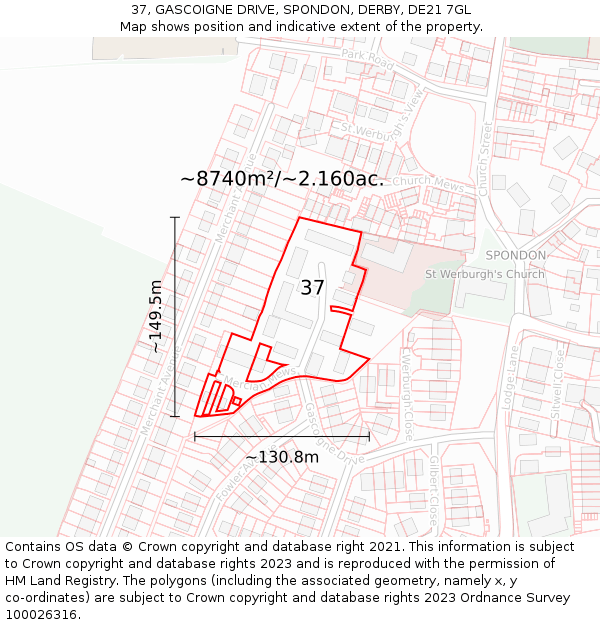 37, GASCOIGNE DRIVE, SPONDON, DERBY, DE21 7GL: Plot and title map