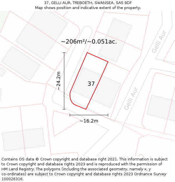 37, GELLI AUR, TREBOETH, SWANSEA, SA5 9DF: Plot and title map