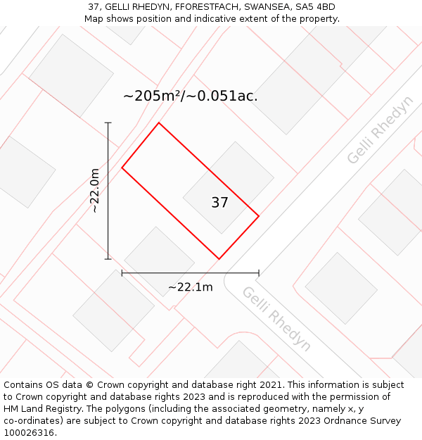 37, GELLI RHEDYN, FFORESTFACH, SWANSEA, SA5 4BD: Plot and title map