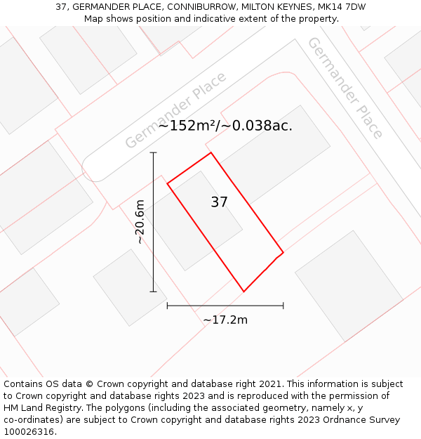 37, GERMANDER PLACE, CONNIBURROW, MILTON KEYNES, MK14 7DW: Plot and title map