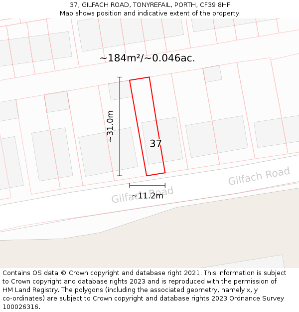 37, GILFACH ROAD, TONYREFAIL, PORTH, CF39 8HF: Plot and title map