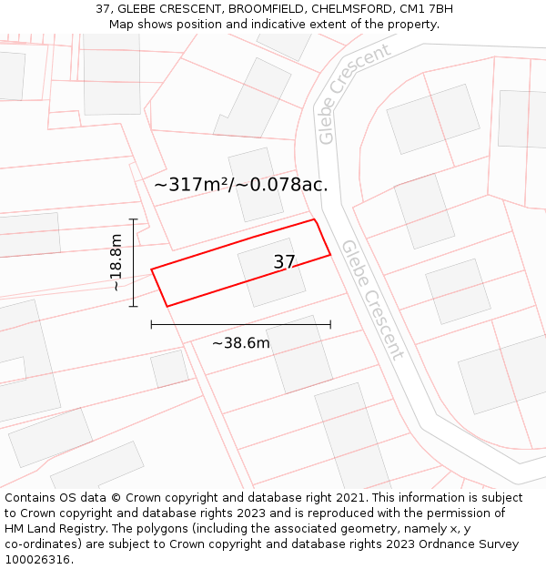 37, GLEBE CRESCENT, BROOMFIELD, CHELMSFORD, CM1 7BH: Plot and title map