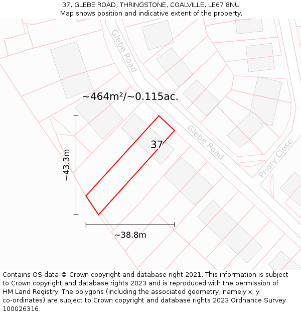37, GLEBE ROAD, THRINGSTONE, COALVILLE, LE67 8NU: Plot and title map
