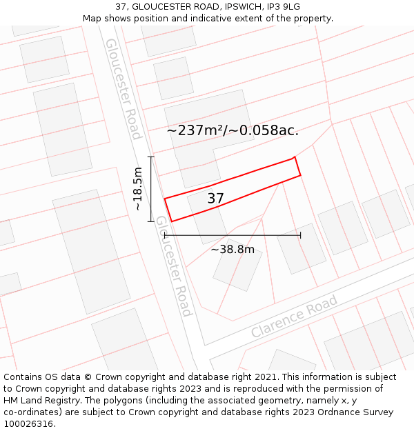 37, GLOUCESTER ROAD, IPSWICH, IP3 9LG: Plot and title map