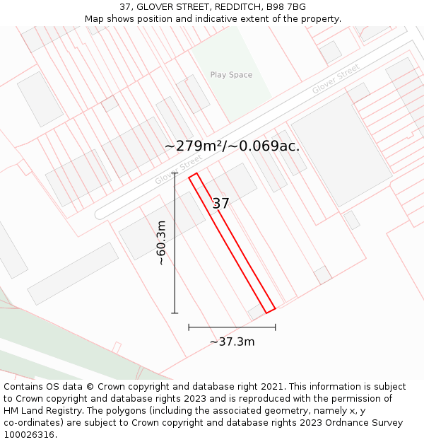 37, GLOVER STREET, REDDITCH, B98 7BG: Plot and title map