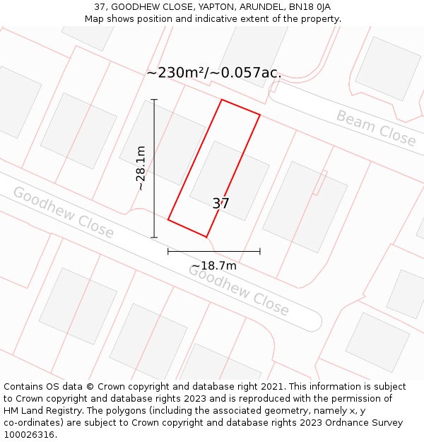 37, GOODHEW CLOSE, YAPTON, ARUNDEL, BN18 0JA: Plot and title map