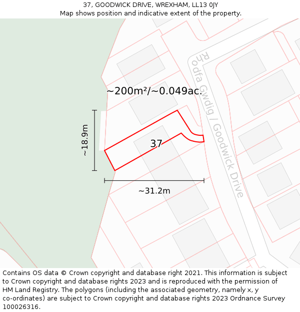 37, GOODWICK DRIVE, WREXHAM, LL13 0JY: Plot and title map