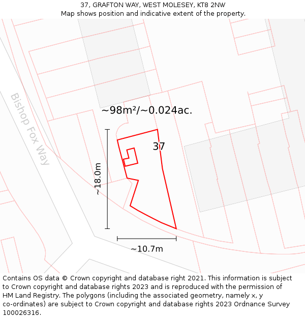 37, GRAFTON WAY, WEST MOLESEY, KT8 2NW: Plot and title map