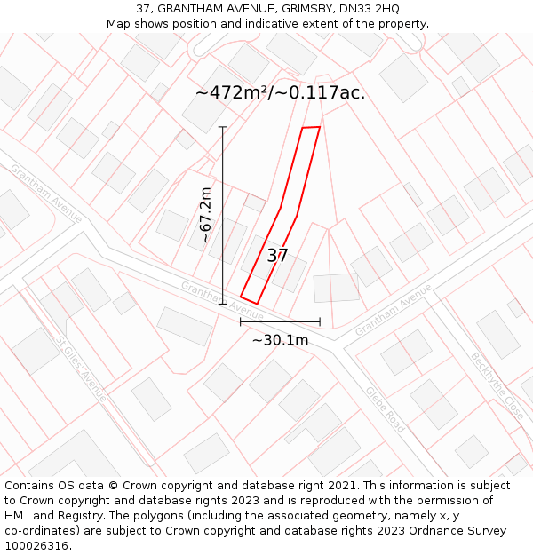 37, GRANTHAM AVENUE, GRIMSBY, DN33 2HQ: Plot and title map