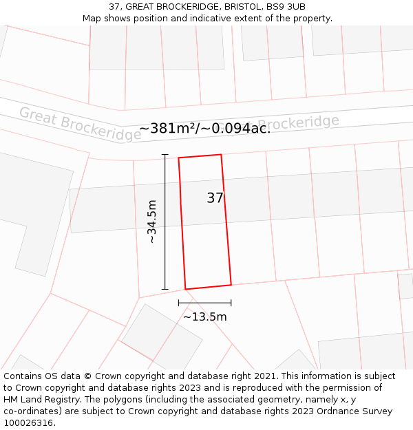 37, GREAT BROCKERIDGE, BRISTOL, BS9 3UB: Plot and title map