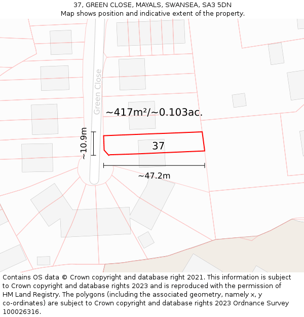 37, GREEN CLOSE, MAYALS, SWANSEA, SA3 5DN: Plot and title map