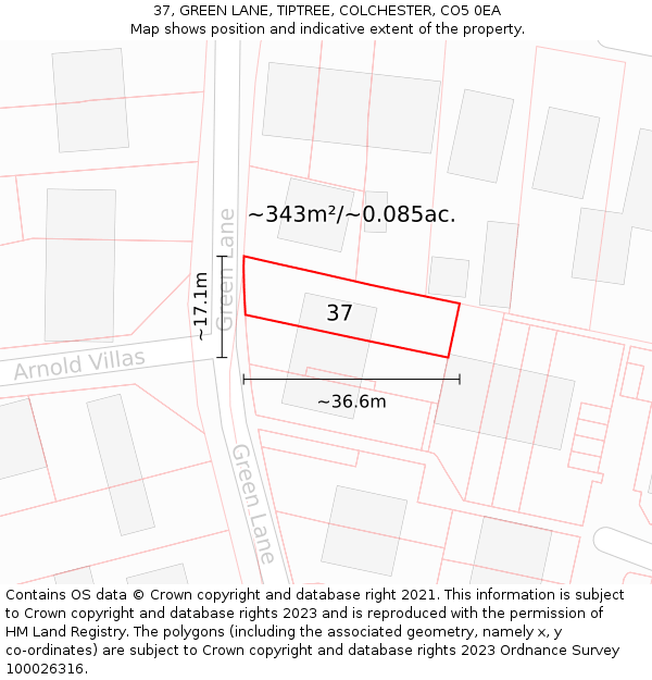 37, GREEN LANE, TIPTREE, COLCHESTER, CO5 0EA: Plot and title map