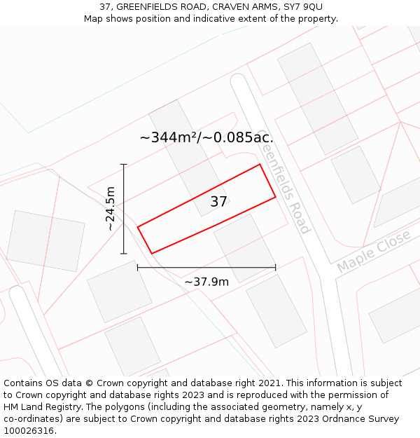 37, GREENFIELDS ROAD, CRAVEN ARMS, SY7 9QU: Plot and title map