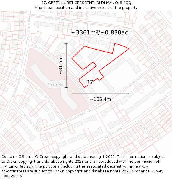 37, GREENHURST CRESCENT, OLDHAM, OL8 2QQ: Plot and title map