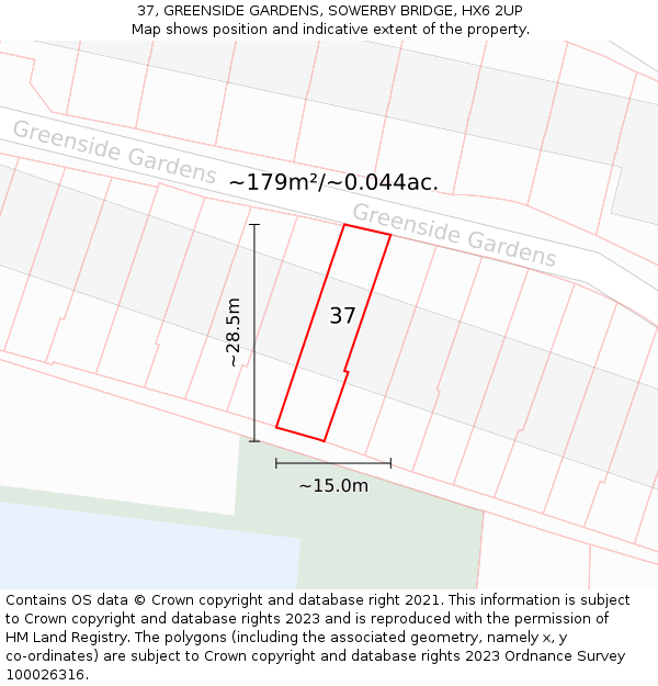 37, GREENSIDE GARDENS, SOWERBY BRIDGE, HX6 2UP: Plot and title map