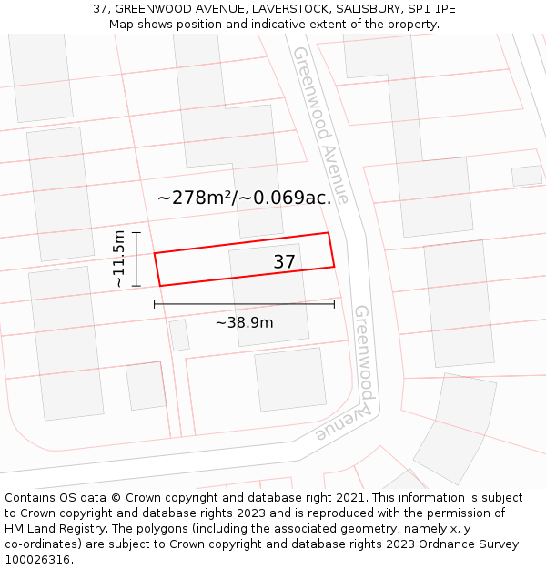37, GREENWOOD AVENUE, LAVERSTOCK, SALISBURY, SP1 1PE: Plot and title map
