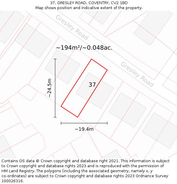 37, GRESLEY ROAD, COVENTRY, CV2 1BD: Plot and title map