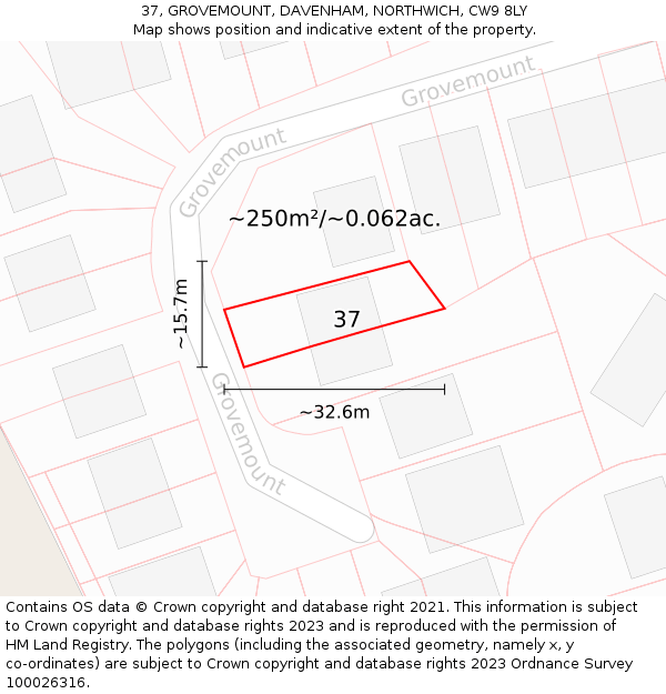 37, GROVEMOUNT, DAVENHAM, NORTHWICH, CW9 8LY: Plot and title map