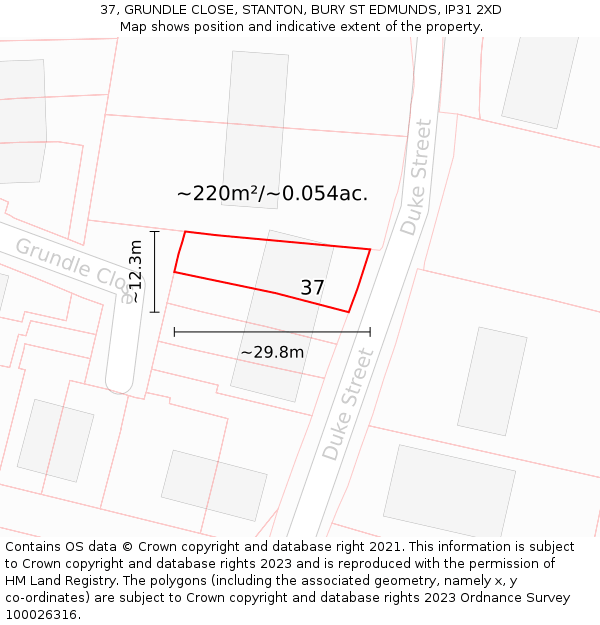 37, GRUNDLE CLOSE, STANTON, BURY ST EDMUNDS, IP31 2XD: Plot and title map