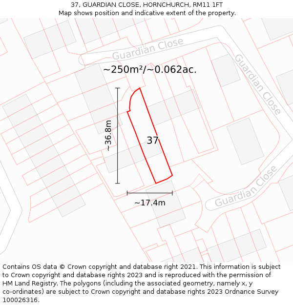 37, GUARDIAN CLOSE, HORNCHURCH, RM11 1FT: Plot and title map