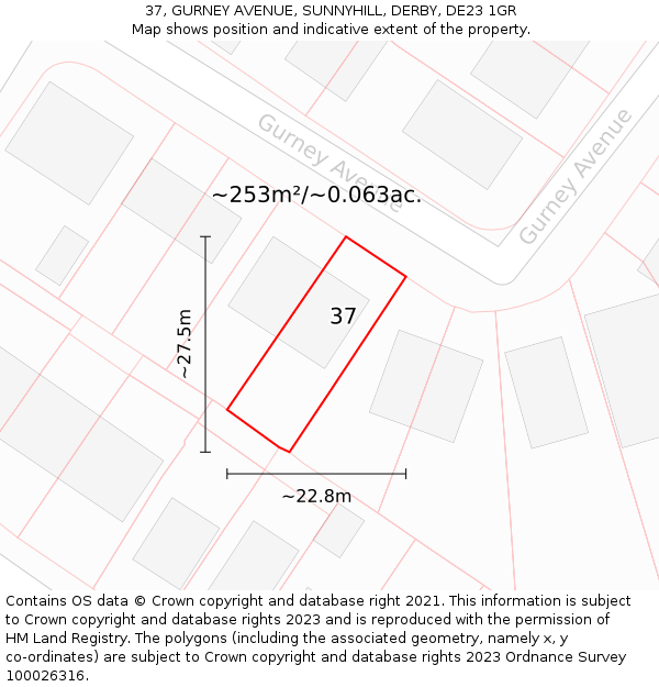 37, GURNEY AVENUE, SUNNYHILL, DERBY, DE23 1GR: Plot and title map