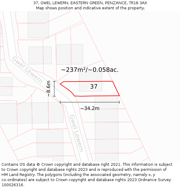 37, GWEL LEWERN, EASTERN GREEN, PENZANCE, TR18 3AX: Plot and title map