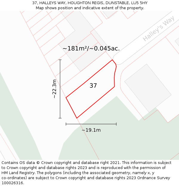 37, HALLEYS WAY, HOUGHTON REGIS, DUNSTABLE, LU5 5HY: Plot and title map