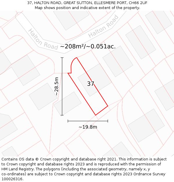 37, HALTON ROAD, GREAT SUTTON, ELLESMERE PORT, CH66 2UF: Plot and title map
