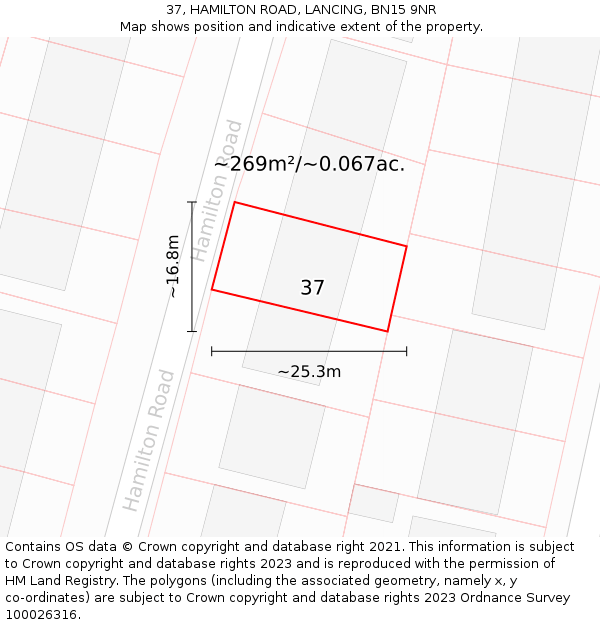 37, HAMILTON ROAD, LANCING, BN15 9NR: Plot and title map