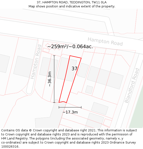 37, HAMPTON ROAD, TEDDINGTON, TW11 0LA: Plot and title map