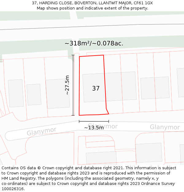 37, HARDING CLOSE, BOVERTON, LLANTWIT MAJOR, CF61 1GX: Plot and title map