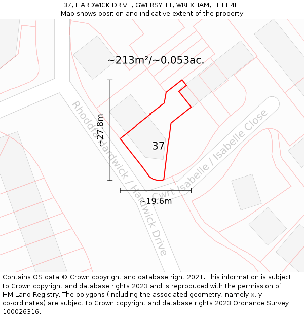 37, HARDWICK DRIVE, GWERSYLLT, WREXHAM, LL11 4FE: Plot and title map