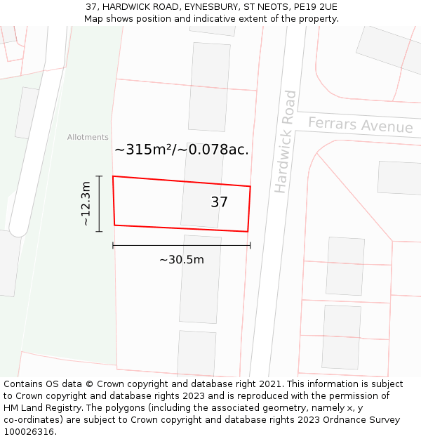 37, HARDWICK ROAD, EYNESBURY, ST NEOTS, PE19 2UE: Plot and title map