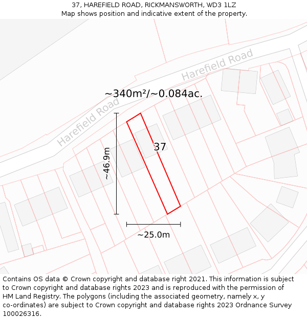 37, HAREFIELD ROAD, RICKMANSWORTH, WD3 1LZ: Plot and title map
