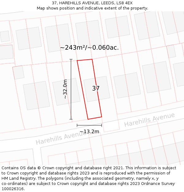 37, HAREHILLS AVENUE, LEEDS, LS8 4EX: Plot and title map