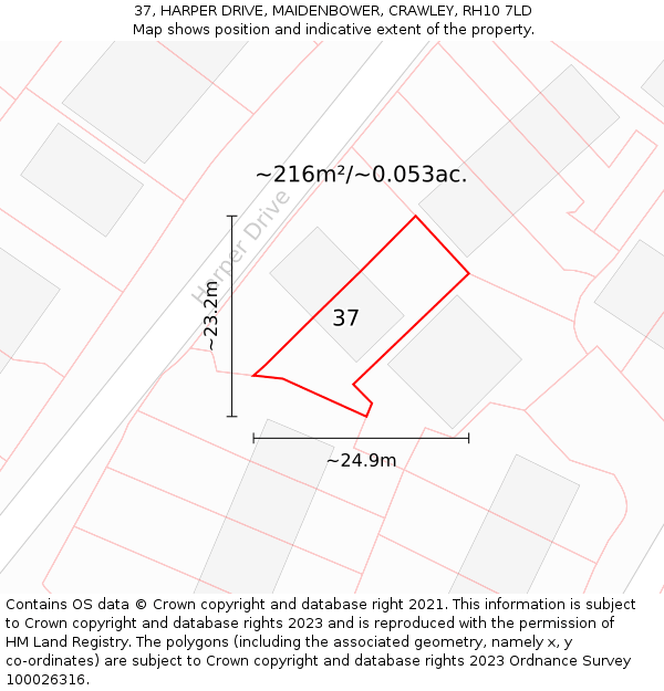 37, HARPER DRIVE, MAIDENBOWER, CRAWLEY, RH10 7LD: Plot and title map
