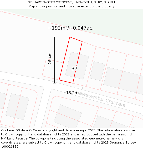 37, HAWESWATER CRESCENT, UNSWORTH, BURY, BL9 8LT: Plot and title map